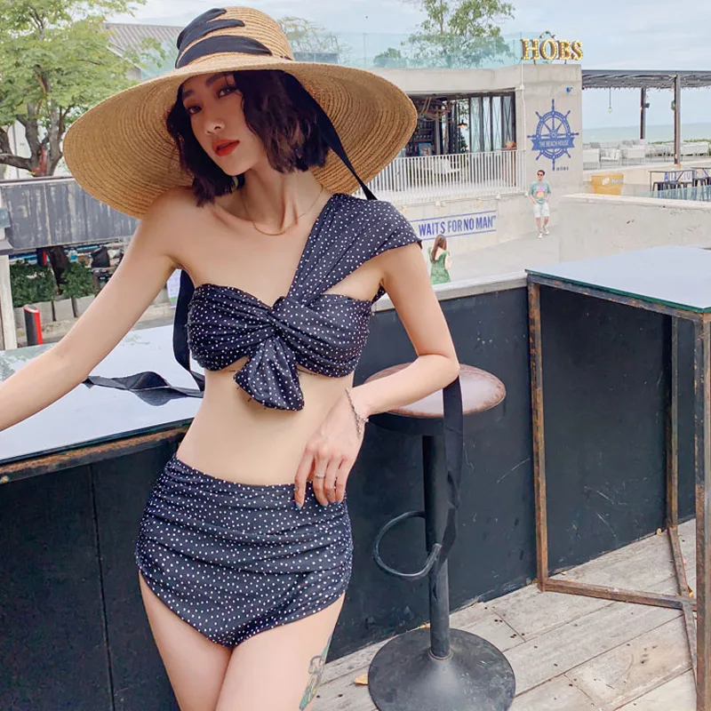

Cute Polka Dot Sloping Shoulder Tube Top High-waisted Belly Covering Bikini Split Type Swimwear Women's Size Chest Beach Holiday