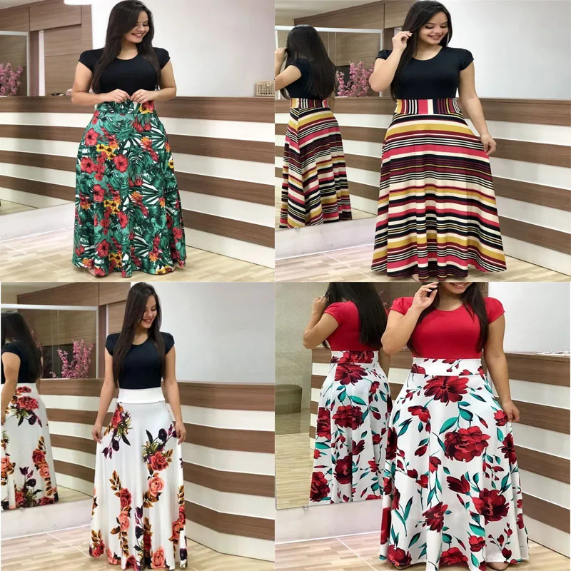 Women's long dress 2019 new fashion print color matching short-sleeved dress dress dress beach dress XL dress women dress  dress