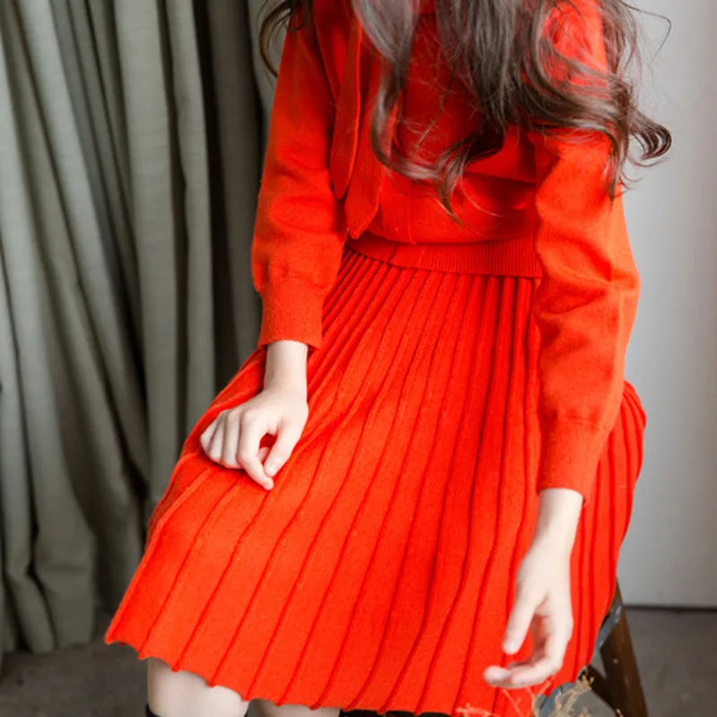 Детский осенний костюм, Бархатный комплект оранжевого цвета для девочек, свитер+ юбка