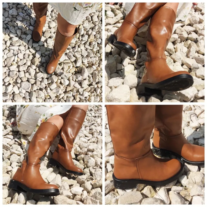 FEDONAS INS ZA Women Knee High Boots Full Cow Leather Warm Boots Thick High Heels Motorcycle Boots Punk Shoes Woman High Boots