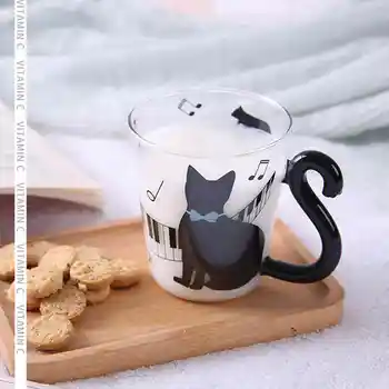 

New 300ML Cute Glass Mug With Musical Note Cats Lovely Handle Milk Coffe Mug Kitchen Water Bottle Kettle Love Couples