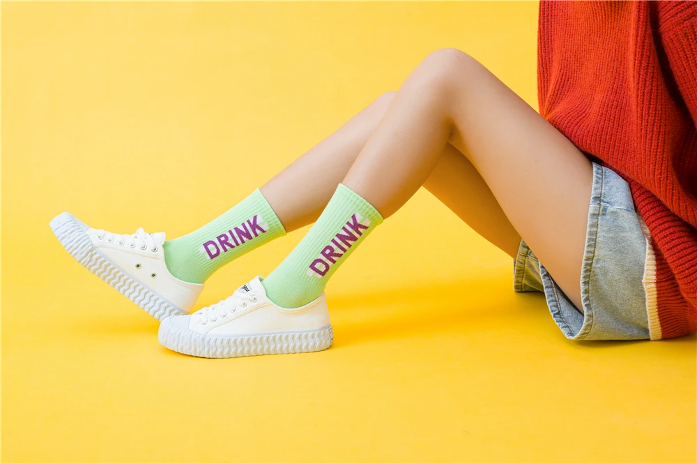 Women's Funny Words Loved Think Drink Sleep Play Lettered Striped Art Socks Couples Skateboard Hipster Street Dance Harajuku Sox