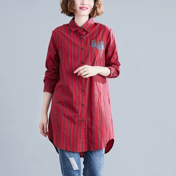 

COIGARSAM Plus Size Casual Shirt Womens tops New Spring Korea Style Office Lady Striped Full Sleeve Women shirts Red Blue 8078