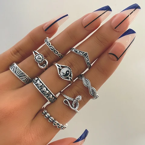 Vintage Gothic Elephant Skull Serpentine Multi Element Ring Set For Women Men Retro Personality Finger Ring Gifts