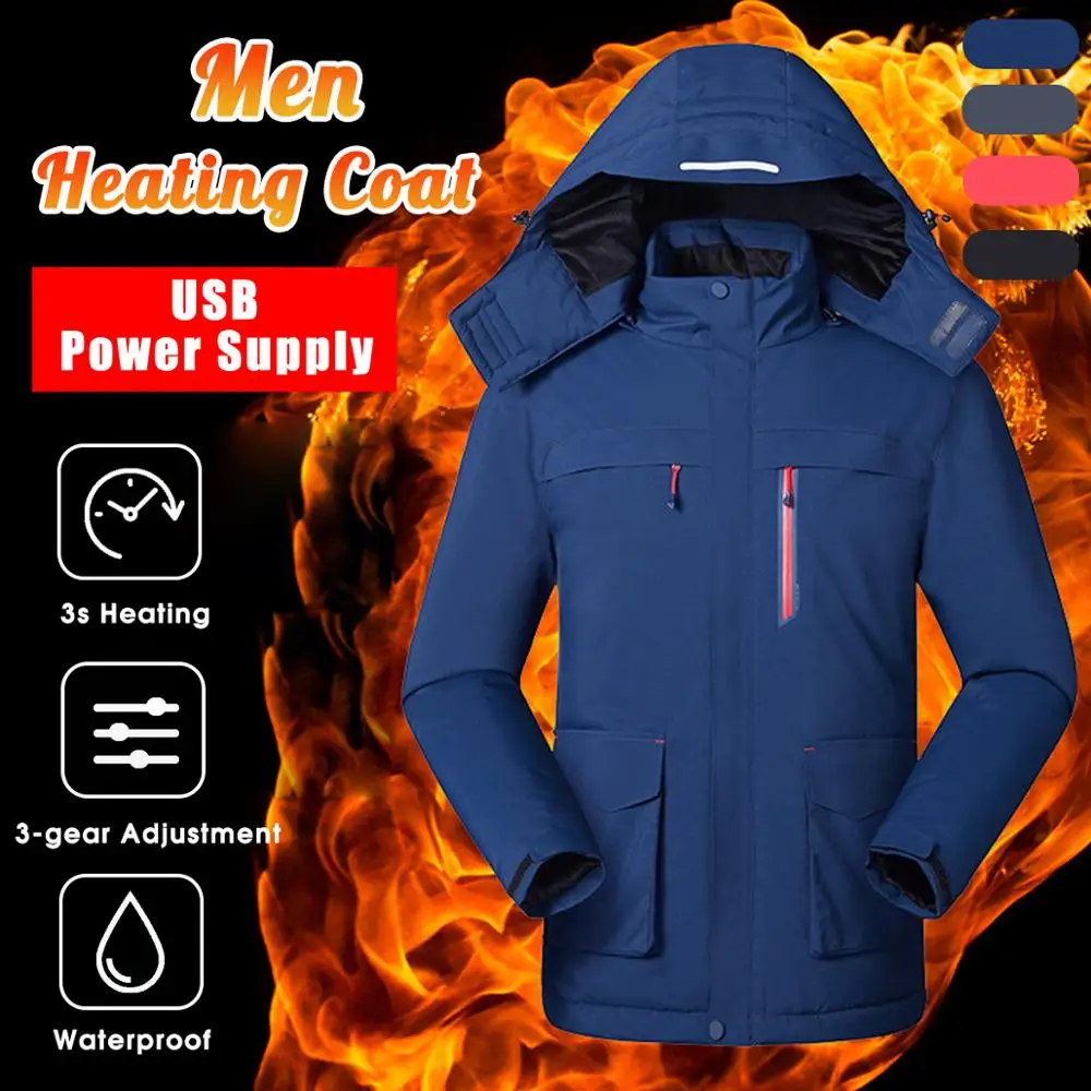

2022 Men Outdoor Winter USB Infrared Heating Hooded Jacket Electric Thermal Clothing Coat For Hiking Heated Jacket Plus Size 5XL