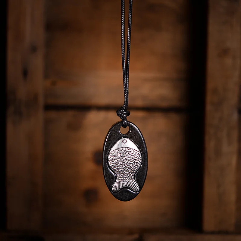 

New Style Ethnic-Style Retro Versatile Ebony Cotton Linen Pendant Fish Pendant Sweater Chain Creative Accessories
