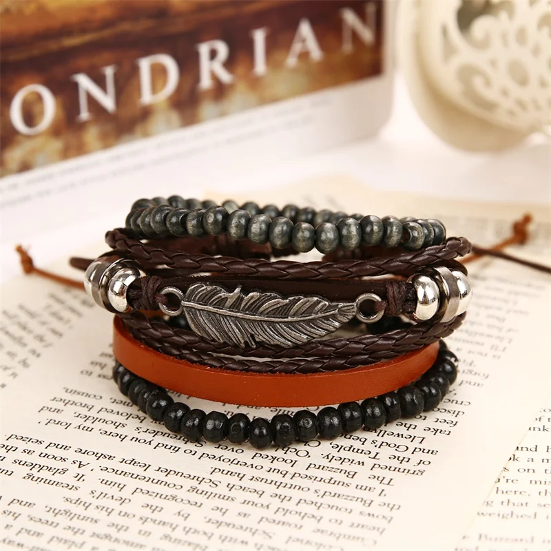 Vintage Multiple Layers Leather Bracelet Set bracelet jewelry For Men Women Charm Leaf Feather Stone Wood Beads Wrap Bracelets Pulseras
