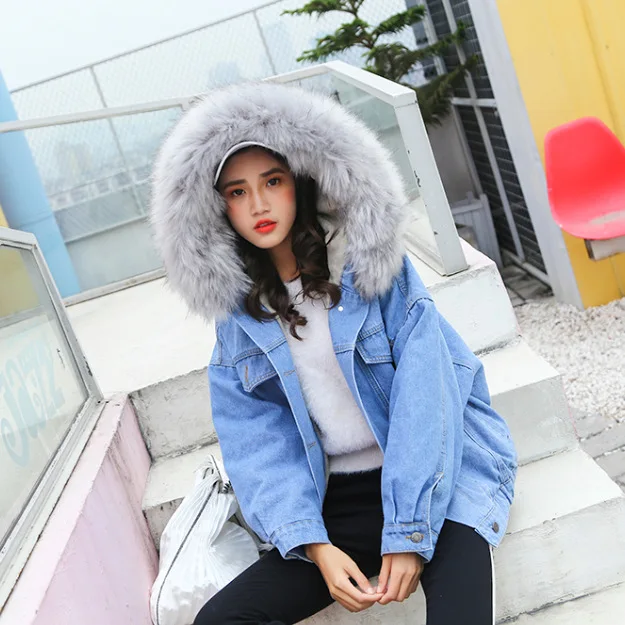 

2019 Spring Clothing Loose Thick Fur Collar Jeans Coat Warm plus Velvet Cotton Coat Cotton-padded Clothes Students Hooded Cotton