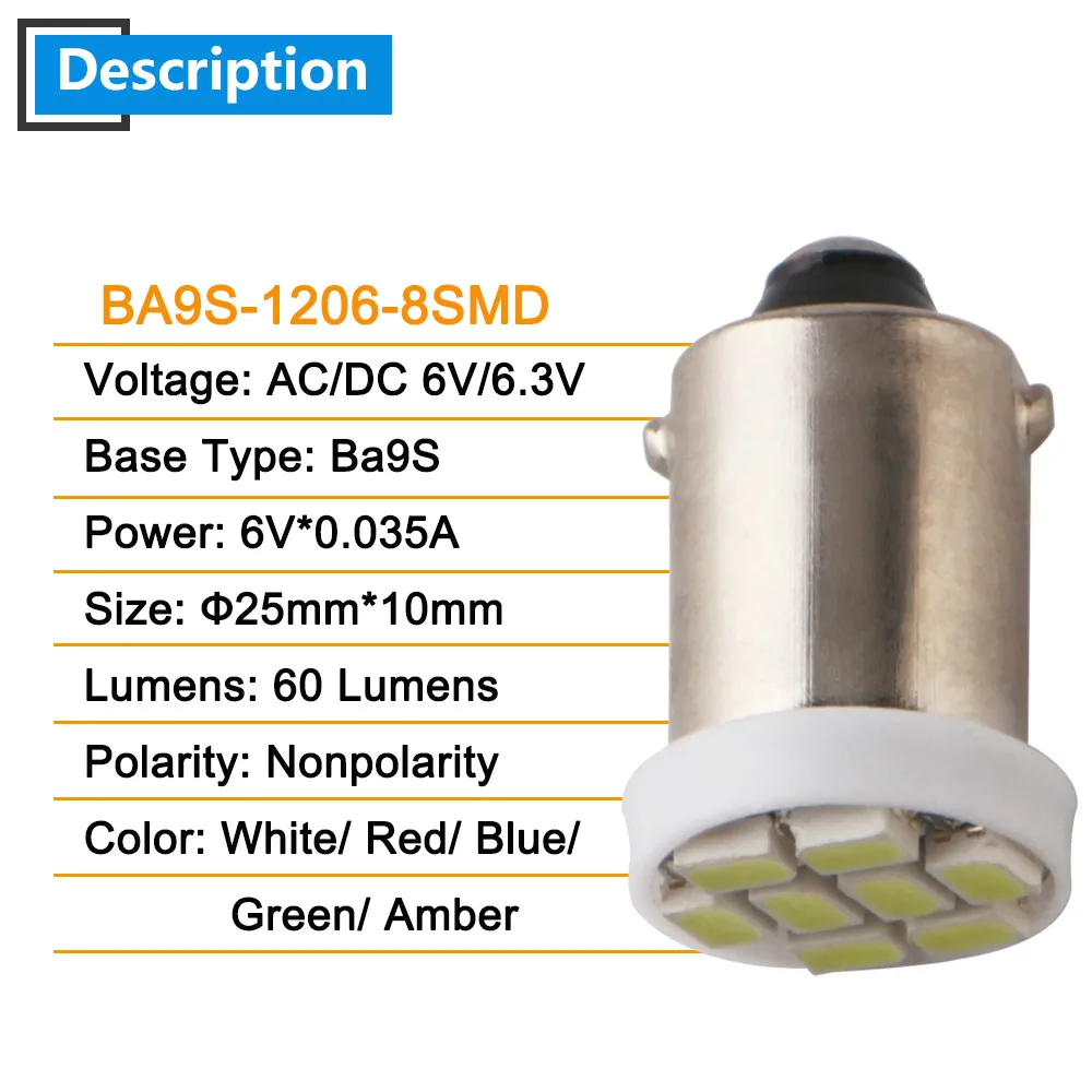 50X AC/DC 6 V-6,3 V BA9S 1206 8 SMD СВЕТОДИОДНЫЙ Автомобильный светильник с пинбольной батареей игровой светильник 60Lm белый синий красный зеленый Янтарный розовый