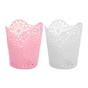 

New-2Pcs Pen Holder Round Plastic Brush Pencil Storage Organiser Wastebasket Lace Hollow Desk Tidy Pot(Pink & White)