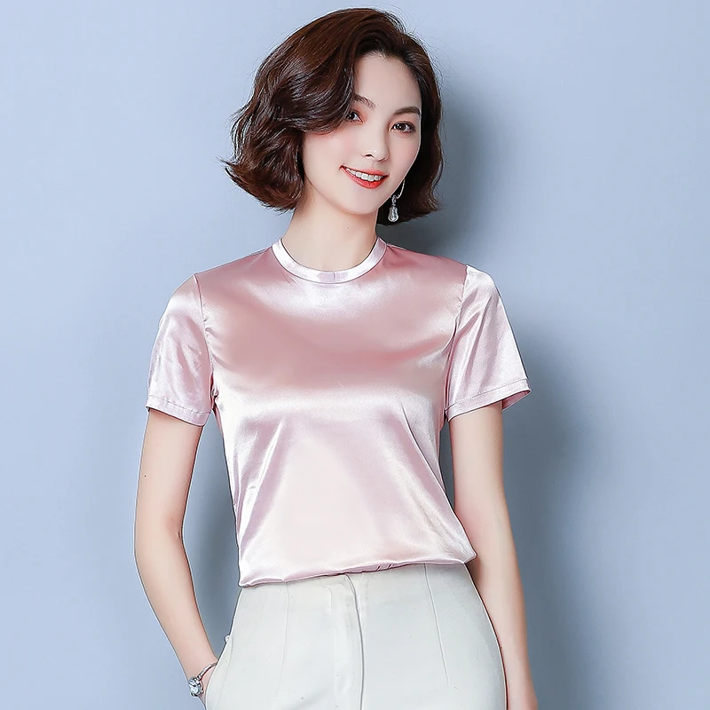

Korean Fashion Summer Silk Women Blouses Satin Solid Womens Tops and Blouses Plus Size XXL Pink Women Shirts Ladies Tops