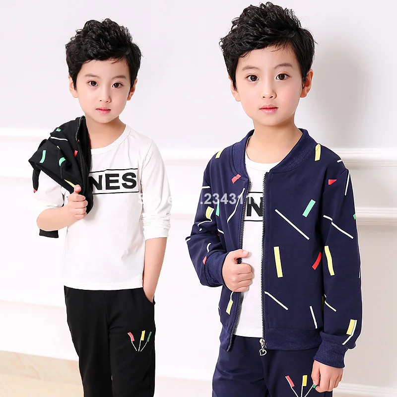 

New Children's Zipper For Spring And Autumn Three Big Boys Stripper Three Black Coats Blue + Shirts + Trousers