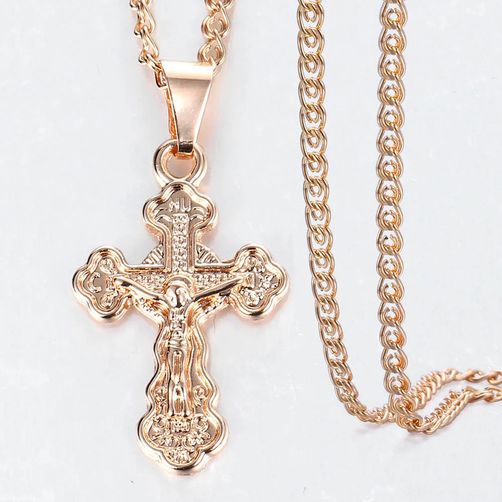 Cross Crucifix Clear Crystal Pendant Necklace for Men Women 585 Rose Gold Prayer Jesus Snail Link Chain Wholesale Jewelry GPM26