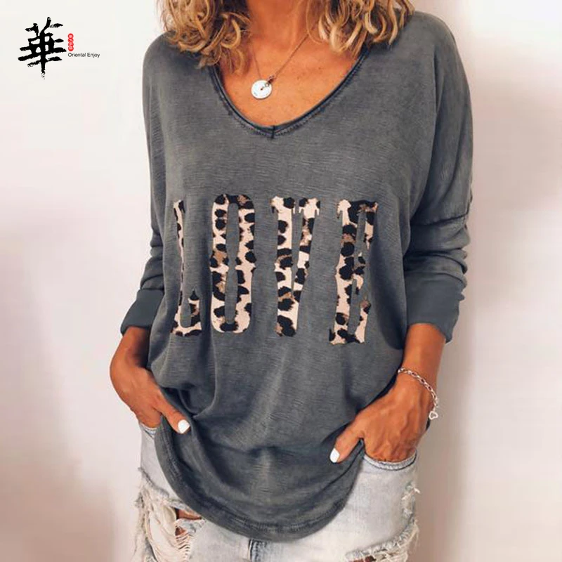 

Fall Women T Shirt Long Sleeve V Neck Letter LOVE Print Tee Tops Female Fashion Loose Autumn Cottom Solid Top Clothes