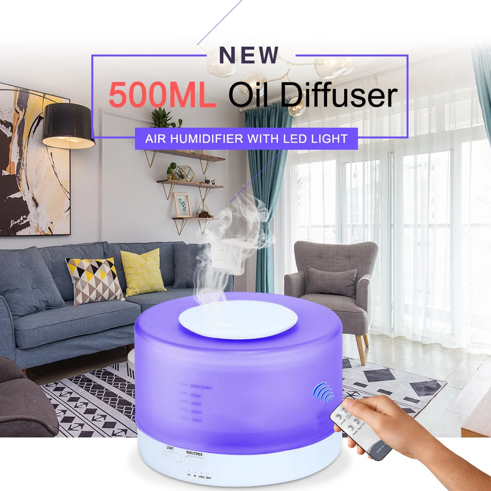 500ML Aromatherapy Diffuser Air Humidifier with LED Night Light for Home Room Ultrasonic Cool Mist Aroma Essential Oil Diffuser
