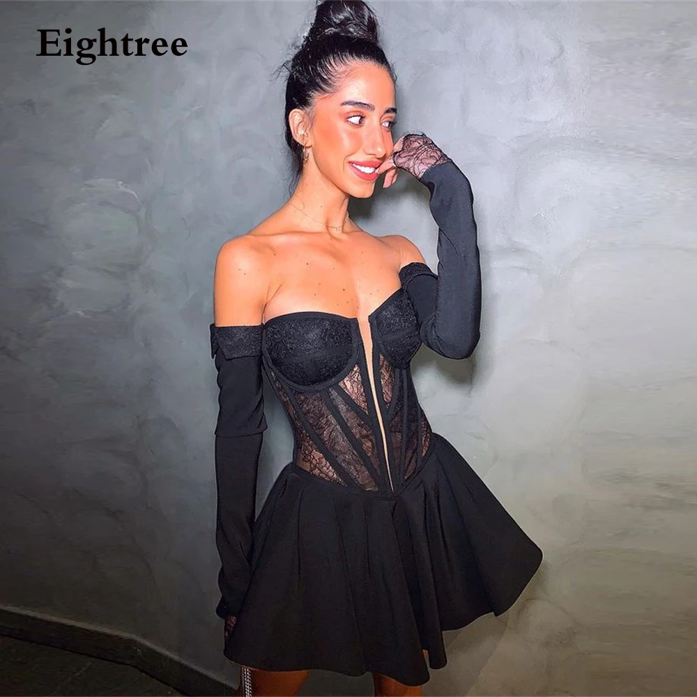 designer evening gowns Eightree Sexy Black Short Mini Long Sleeves Evening Dresses Prom Dress Tulle Sweetheart Formal Party Gowns Graduation Gown women's formal dresses & gowns Evening Dresses