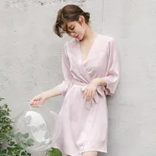 Розовый ночной халат с v-образным вырезом, цветочный сексуальный женский комплект из 2 предметов, топ на бретелях, комплекты одежды для сна, Пижама домашняя одежда, ночное белье, кимоно для сна, банное платье