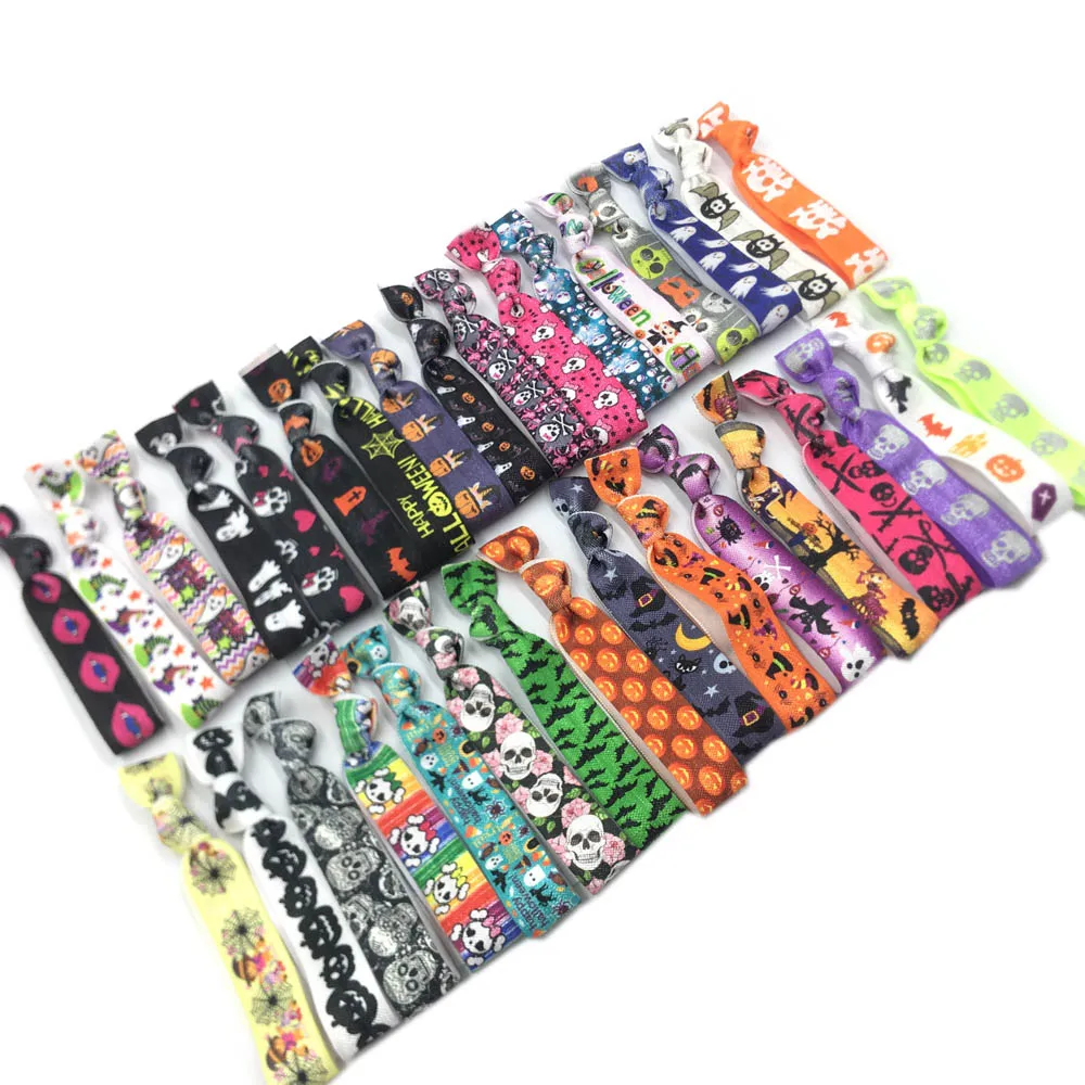 Halloween Hair Tie Pumpkin Bat Skull Ghost Print Ponytail Holder Red Deer FOE Elastic Hair Band 100 Pcs/lot assorted colors new 12 pcs budget envelopes cardstock cash envelope system for money saving assorted colors vertical layout