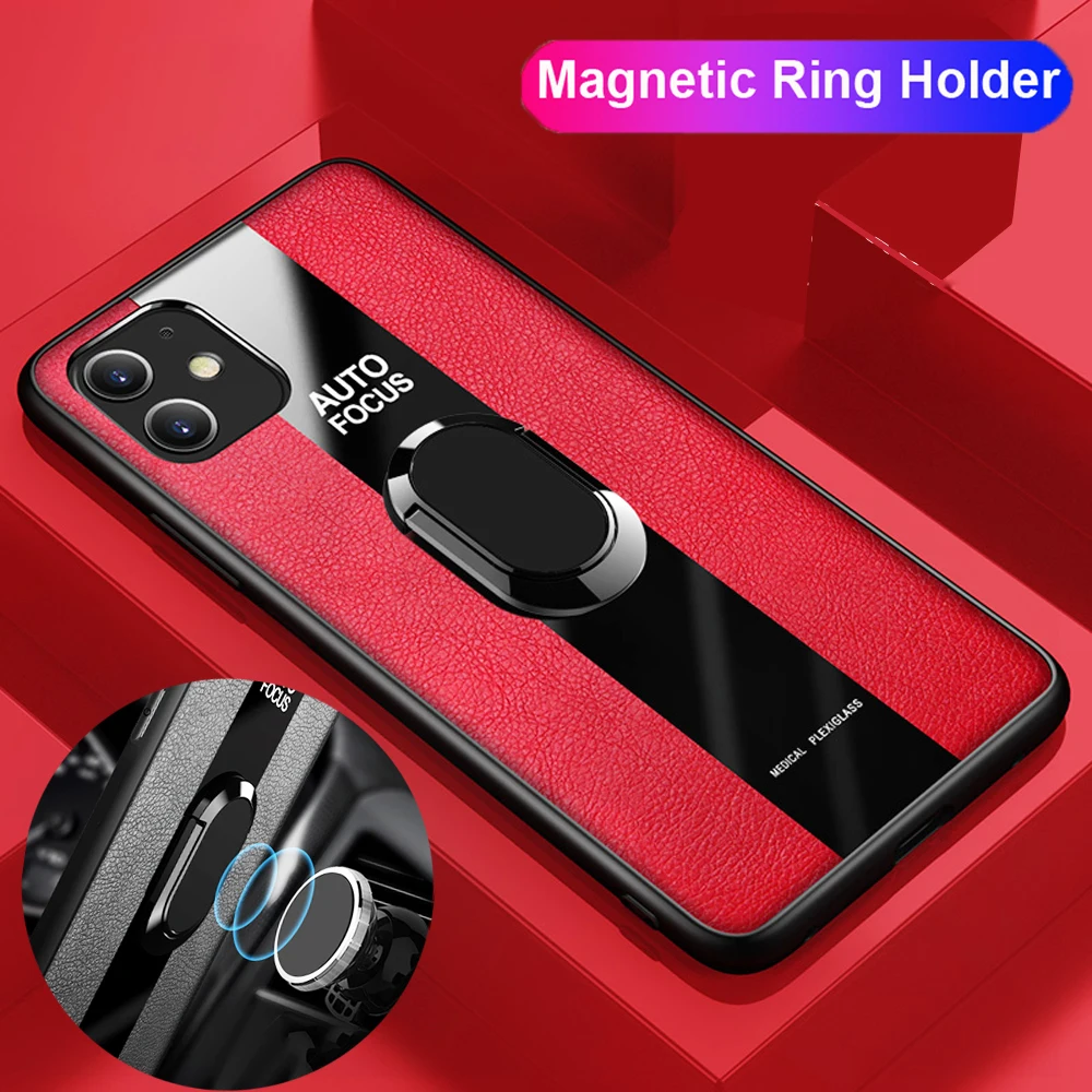 Гибридный чехол с магнитным кольцом и подставкой для iPhone 11 Pro Max XR XS X, резиновый чехол из искусственной кожи и закаленного стекла, гибридный чехол для iPhone 6s 8