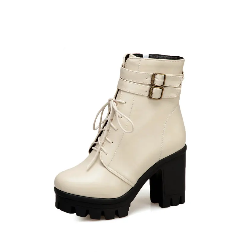 ESVEVA/ г. Женская обувь из искусственной кожи в западном стиле зимние ботильоны ботинки на высоком квадратном каблуке с круглым носком, на шнуровке, с пряжкой размер 34-43