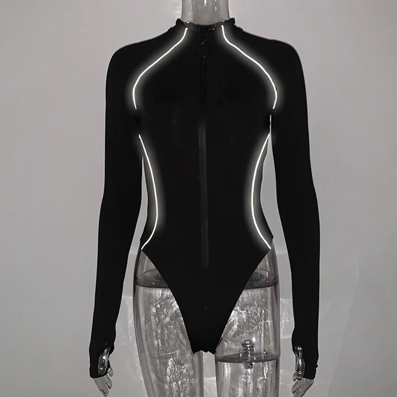 ANSELF боди Женский с длинными рукавами светоотражающий комбинезон водолазка молния спереди повседневный комбинезон женский спортивный костюм черный