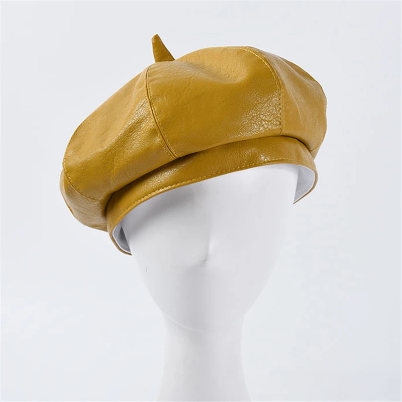 Wholesale 7 Colors PU leather Berets For Women Fashion Ladies Black Caps Stewardess Red Yellow Beret Autumn Winter Artist Hats - Цвет: yellow