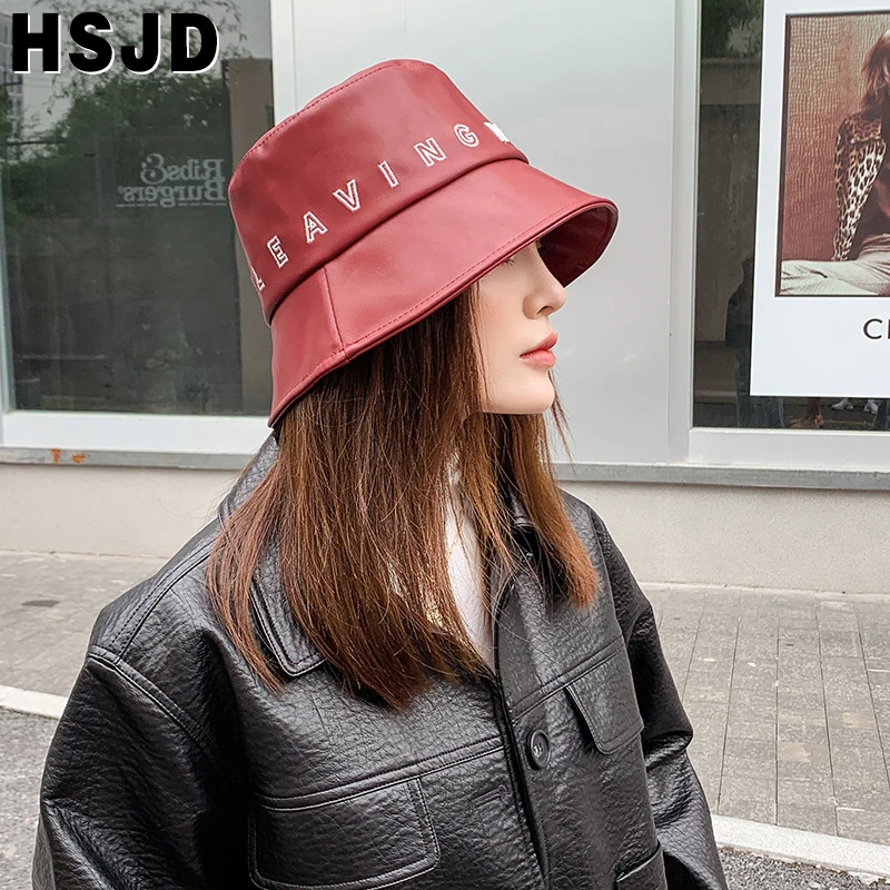 Letter Embroidery Leather Bucket Hat 
