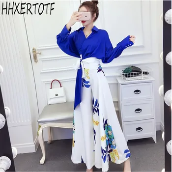 

2020 Spring summer two pieces suits New style fashion women shirt blouse + printing wide leg trousers sets
