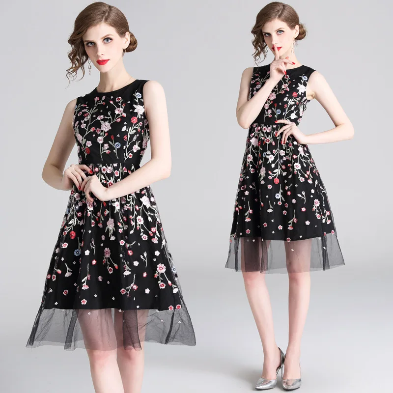 

Ozhouzhan 2019 Spring And Summer New Style WOMEN'S Dress Sleeveless Embroidery Elegant Retro Waist Hugging Slimming A- line Dres