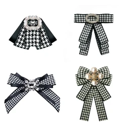 Classic Plaid Black White Fabric Bow Tie for Ladies Pearl Brooch Rhinestone Flower Shirt Collar Pin School Uniform Accessories