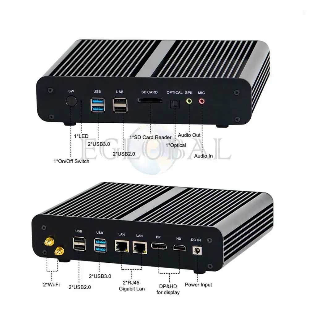 

Eglobal Fanless Mini Pc Computer i5-7260U 8GB+128GB/256GB Win10 Dual Core 2*DDR4 Msata+M.2 SSD+2.5' 4K Player HDMI DP VGA