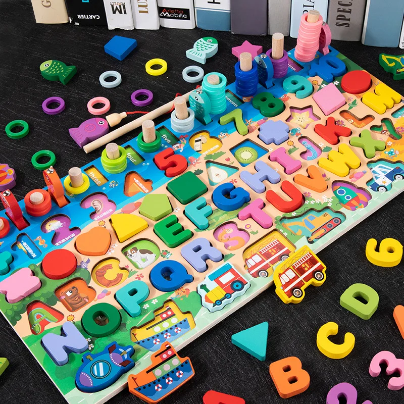 Montessori Toy Wooden Number Letter Blocks Wooden Math Puzzle Blocks 