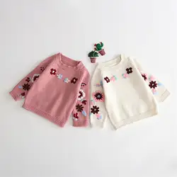 Детские свитера; Хлопковые вязаные пуловеры; свитеры с вышивкой и цветочным рисунком для девочек; осенние хлопковые топы; Верхняя одежда