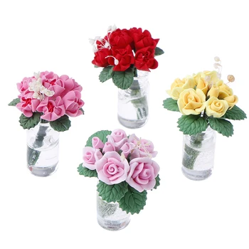 

1:12 Doll House Miniature Flowers Fairy Garden Ornament Mini Potted Plant Flowers Pot DollHouse Decor Bonsai Model Kids Play Toy
