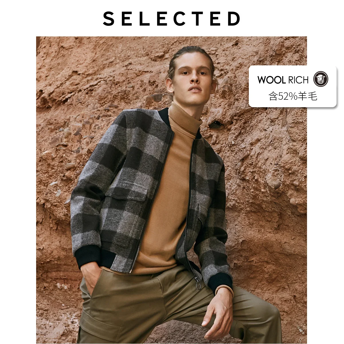 SELECTED Men's Woolen Plaid Baseball Collar Wool Jacket S|419427535 SELECTED Men's Woolen Plaid Baseball Collar Wool Jacket S|419427535