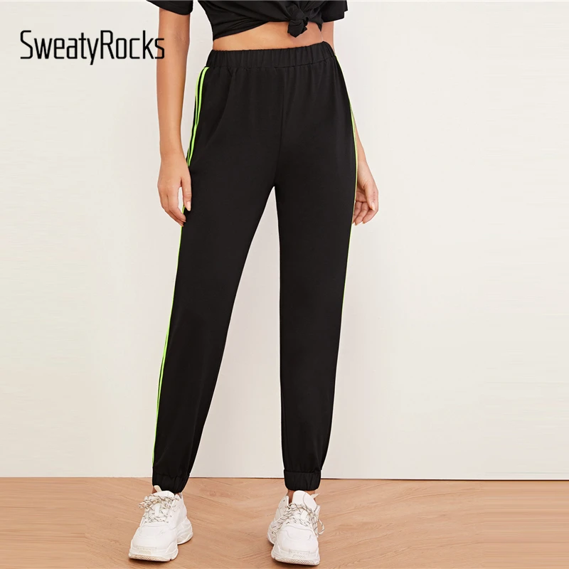 SweatyRocks неоновый зеленый сбоку женский эластичный пояс штаны для активных тренировок одежда черные брюки женские повседневные штаны с эластичной резинкой на талии