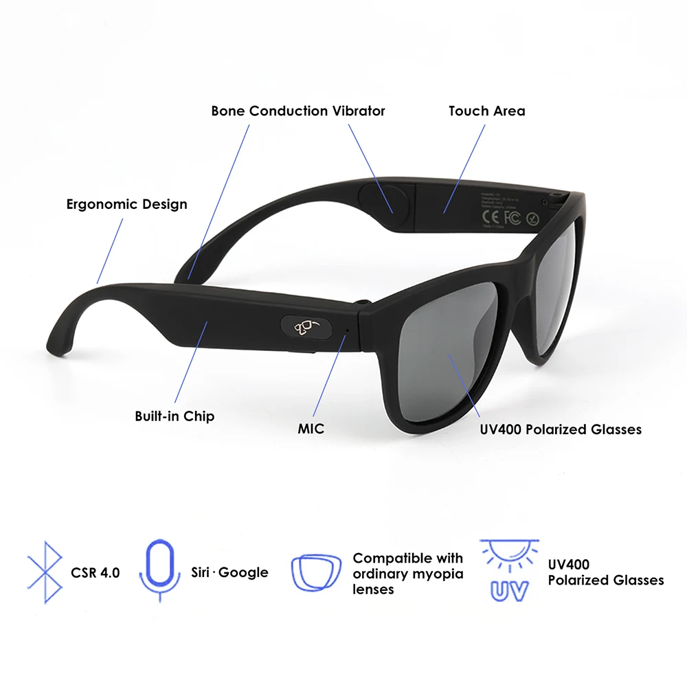 G1 Sunglasses Headset Bluetooth Wireless Bone Conduction Headphone with Mic Waterproof Wearable Earphones for iOS Android Phones
