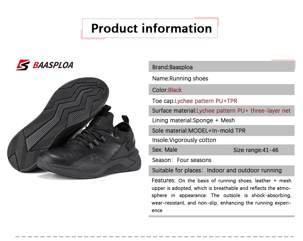 Baasploa New Men Running Shoes Non-slip Shock Absorption Lightweight Casual Shoes Waterproof Male Comfortable Sneakers for Men