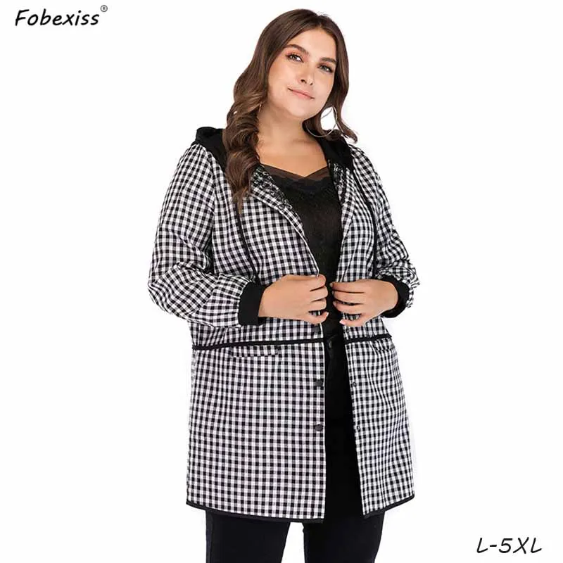

Plus Size Plaid Jacket 5XL Hooded Loose Woman Long Fall Jackets Letter Printed Casual Coat Outerwear 2019 Fashion Women Jacket