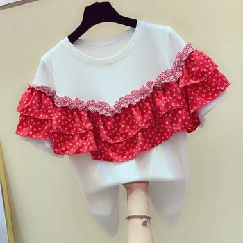 

Summer Cotton T Shirt Woman New Short Sleeve Double Lotus Leaf T-Shirt Students Shirts Tops Nancylim Femme T-shirt Ropa De Mujer