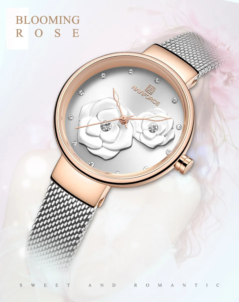 Women Watch NAVIFORCE Top Luxury Brand Steel Mesh Waterproof Ladies Watches Flower Quartz Female Wristwatch Charming Girl Clock
