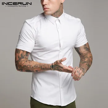 

INCERUN Summer Fashion Men Shirt Short Sleeve Solid Breathable Slim Men Casual Business Shirts Party Muscle Tops Camisa S-5XL