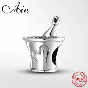 

925 Sterling Silver Iced champagne with blue CZ charm bead fine Jewelry DIY Charms fit European Original Bracelets Necklace