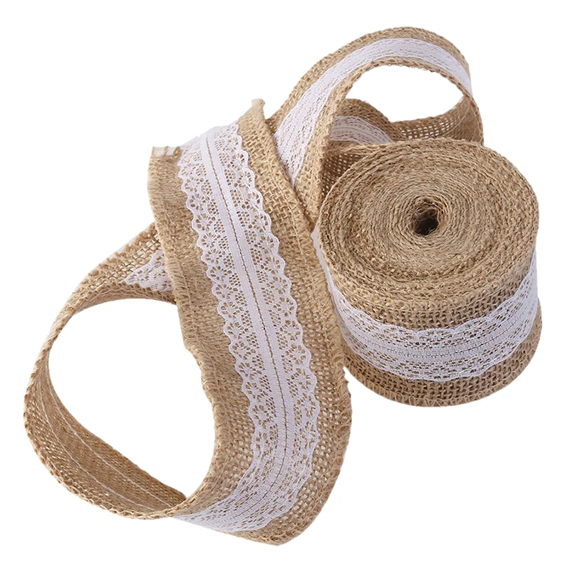 5m natural hessian sackcloth with lace ribbon 5cm wide brown