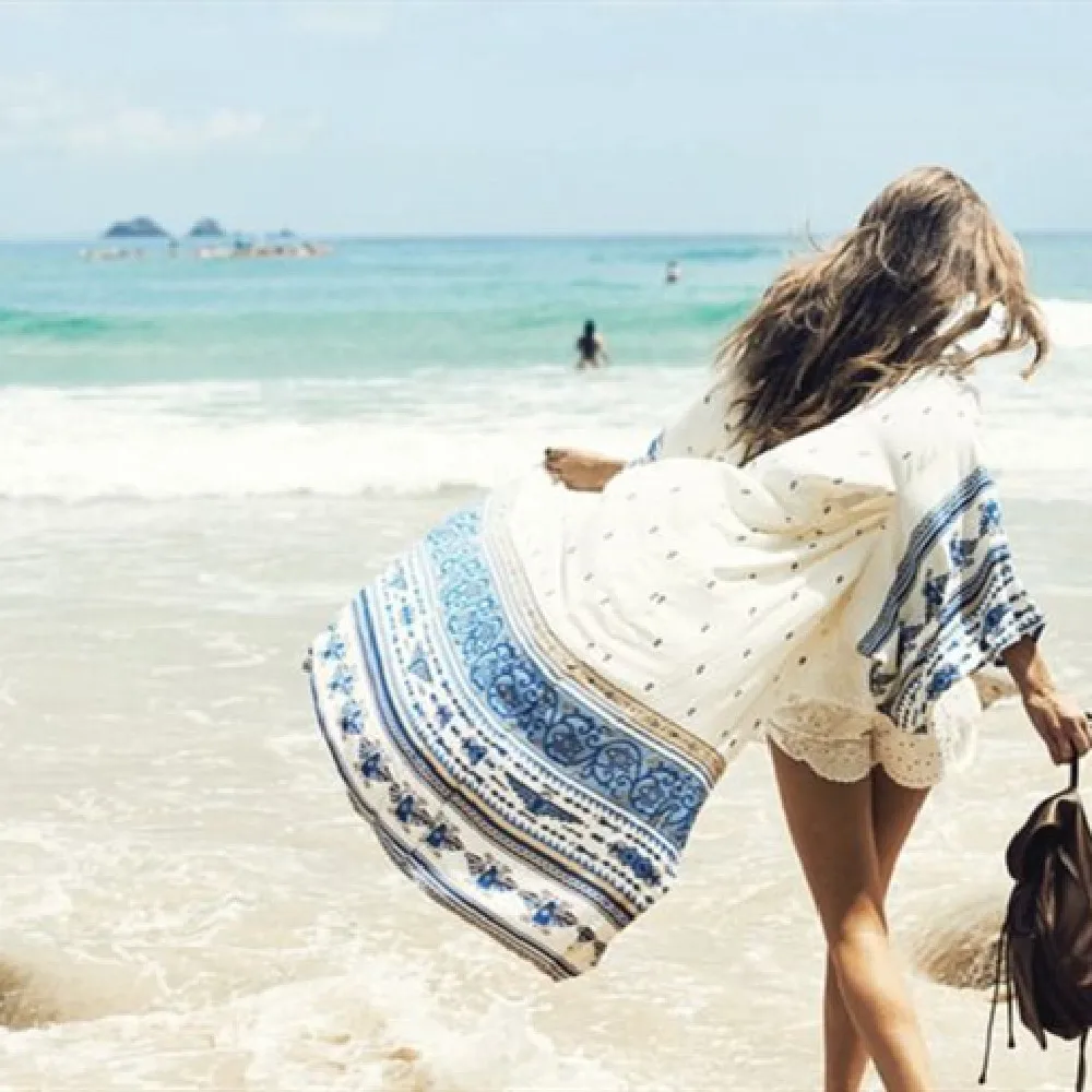 Beach Cover up Floral Romantic Swimwear Ladies Pareo Beach Cape Sun Bath Wear Dress Chiffon Swimwear #Q14