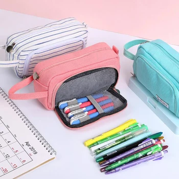 

1 Pcs Kawaii Solid Color Stripe Grid Canvas Double Layer Large Capacity Pencil Case Portable Pencil Box Pencil Bags Stationery