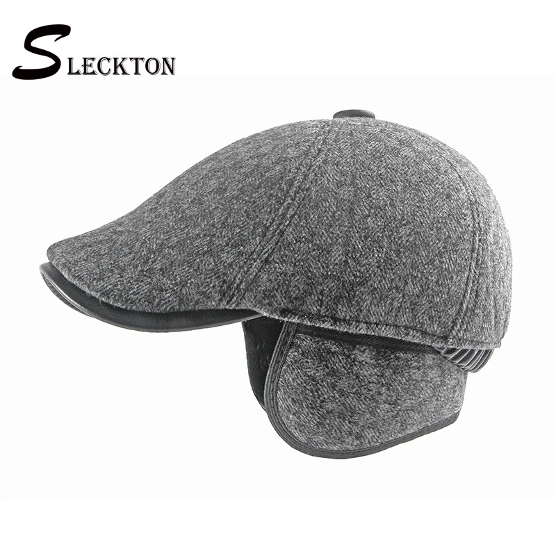

SLECKTON High Quality 40%Wool Winter Hats for Men Casual PU Newsboy Cap Earmuffs Ear Protection Hat Retro Dad Hat Gorros Hombre