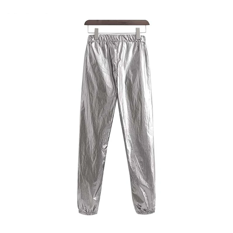 Винтажные шикарные блестящие штаны для бега женские модные эластичный пояс, Карманы Уличная Дамские джинсы с открытой щиколоткой повседневные брюки Mujer
