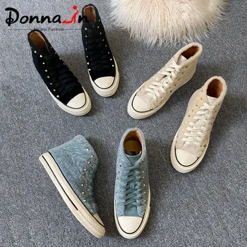 

Donna-in Genuine Leather High Top Women Sneakers Casual Autumn Winter Lace Up Rivet Flat Shoes Breathable Female Shoes 2020