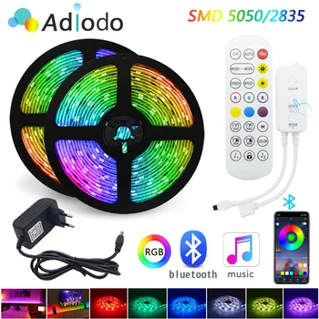 

New Bluetooth Music LED Strip Lights 20M RGB 5050 SMD Flexible Ribbon Waterproof RGB LED Light 5M 10M 15M DC 12V Power Adapter